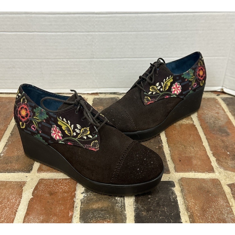 Desigual Brown Suede Oxford Shoes Wedge Heel Floral Artsy Boho Women 8.5
